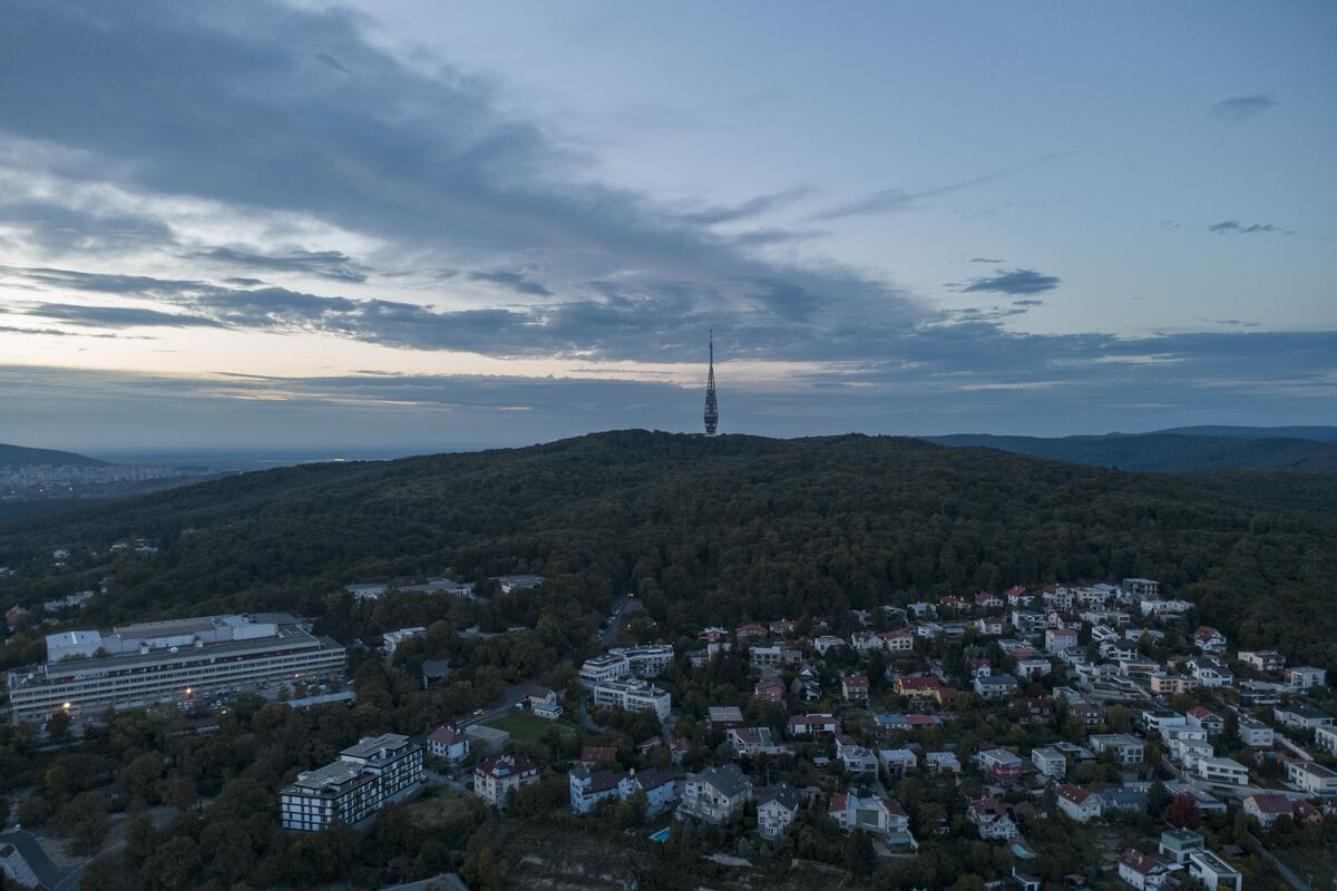 A wooded ridge with a TV tower on top, villas and a hospital block below, under a blue evening sky.